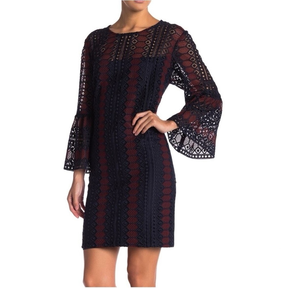Trina Turk Crochet Knit Dreamland  3/4” Bell Sleeves Shift Dress‎ Size 4